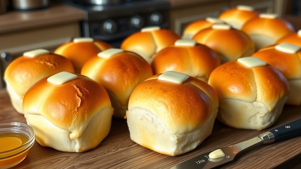Fluffy Parker House Rolls Recipe Golden, fluffy Parker House Rolls on a wooden table with honey and a butter knife.